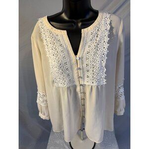 Love 21 Womens Ivory Off White Lace Flowy‎ Blouse Shirt Top Crochet Large L